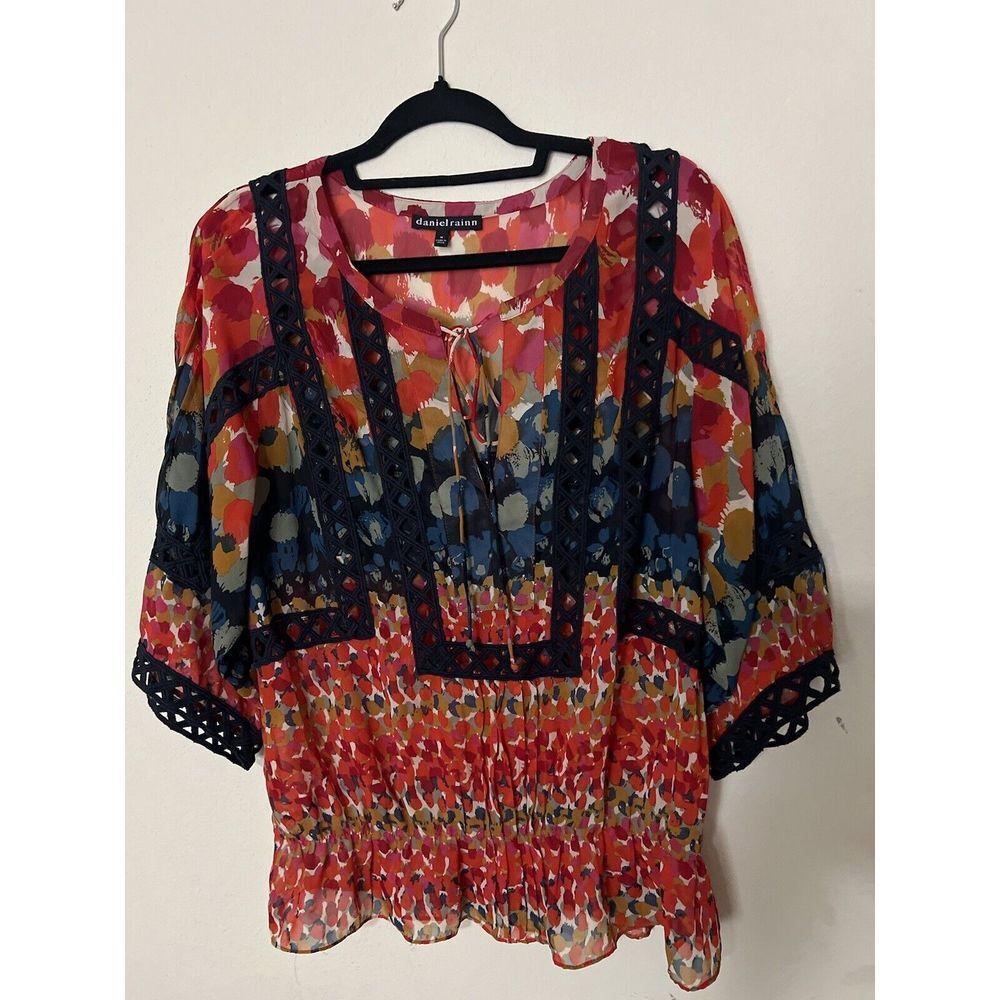 Daniel Rainn Red Vibrant Crochet Cutout Blouse Women'sโ Size Medium